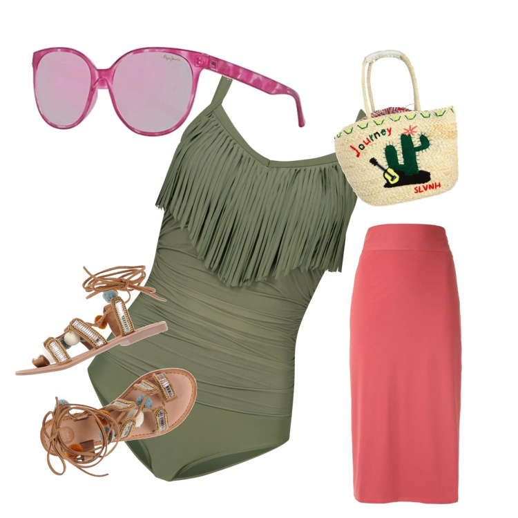 Outfit donna - Total look #648345. per Mare. Abbinamento con costumi interi, infradito, shopping bag, vestiti da spiaggia, occhiali da sole.