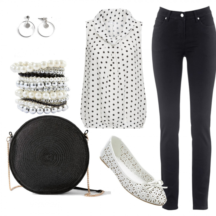 Outfit donna - Only BONPRIX. Stile Basic per Ufficio. Abbinamento con jeans slim fit, braccialetti, bluse, ballerine, borse a spalla, orecchini.