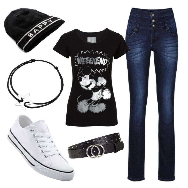 Outfit donna - Urban quotidiano. Stile Urban per Tutti i giorni. Abbinamento con t-shirt, jeans skinny, scarpe sportive, cinture, berretti, braccialetti.