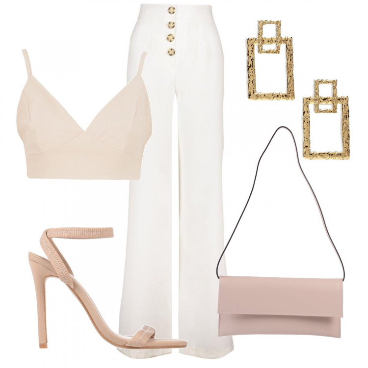 Outfit femme - Nude Minimaliste. Style Tendance pour Tous les jours. Assortir avec pantalon large en bas, hauts, sacs en bandoulière, sandales à talon, boucles d'oreilles.