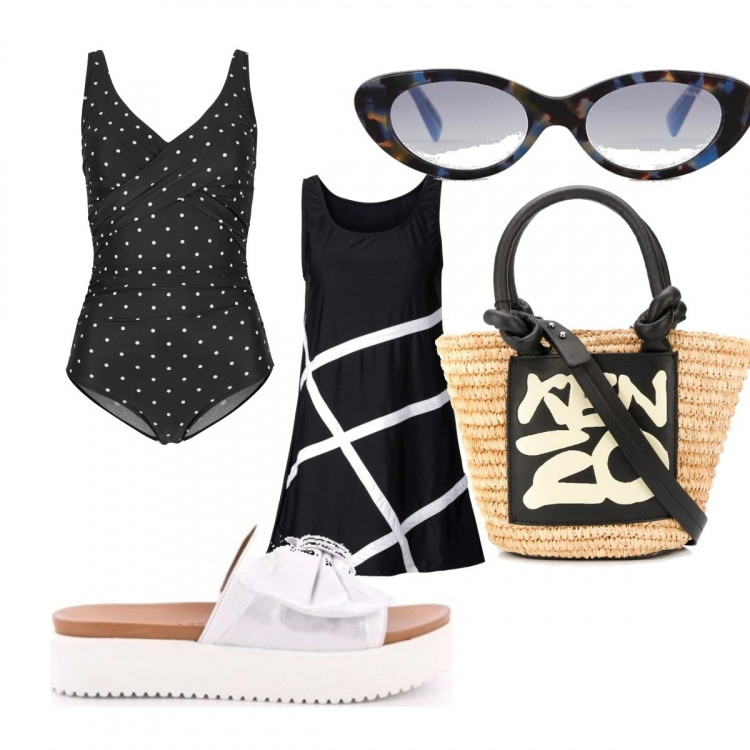 Outfit donna - Trendy #49630. Stile Trendy per Mare. Abbinamento con vestiti da spiaggia, costumi interi, ciabatte, borse tote, occhiali da sole.