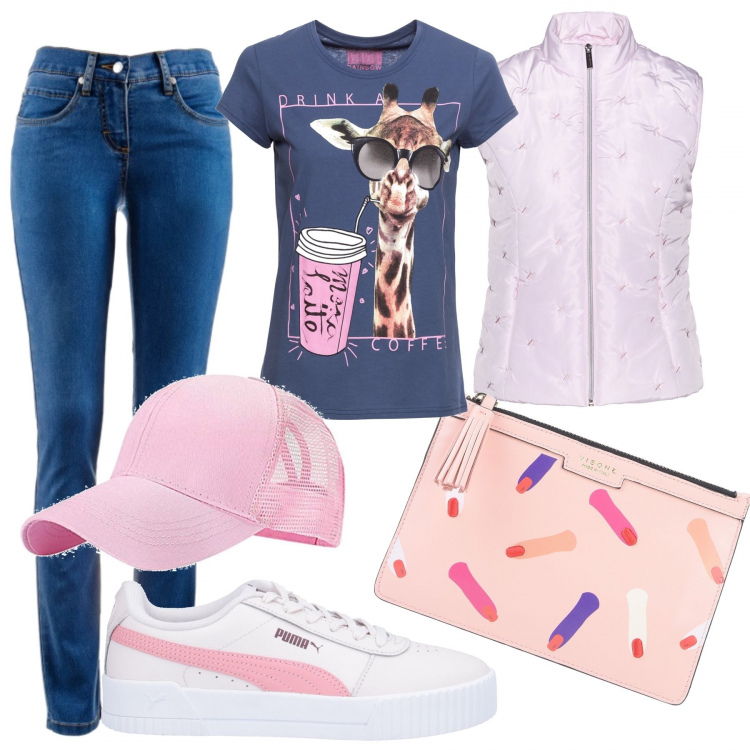 Outfit donna - Pop. Stile Urban per Scuola/Università. Abbinamento con jeans dritti, t-shirt, gilet, sneakers, borse a mano, berretti.