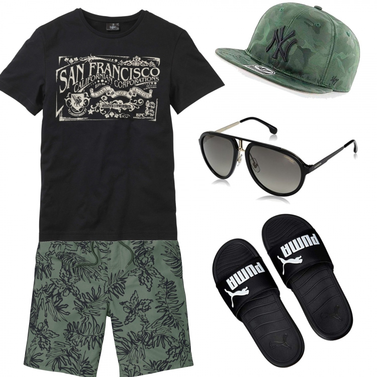 Outfit uomo - Emozioni in attesa. Stile Trendy per Mare. Abbinamento con pantaloni corti, t-shirt, cappelli con visiera, sandali, occhiali da sole.