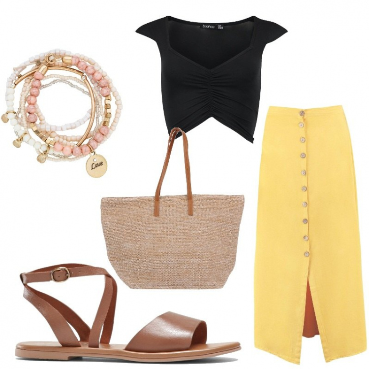 Outfit femme - Ethnique #4647. Style Ethnique pour Tous les jours. Assortir avec bracelets, sandales en cuir, jupes au genou, hauts, sac cabas.