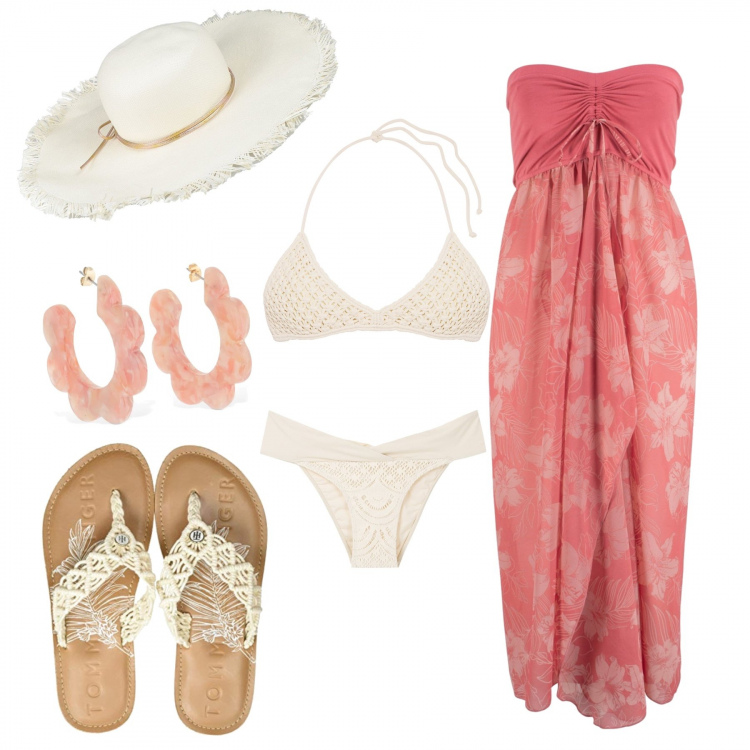 Outfit donna - Al mare con stile. Stile Chic per Mare. Abbinamento con vestiti da spiaggia, reggiseni, cappelli, bikini, infradito, orecchini.