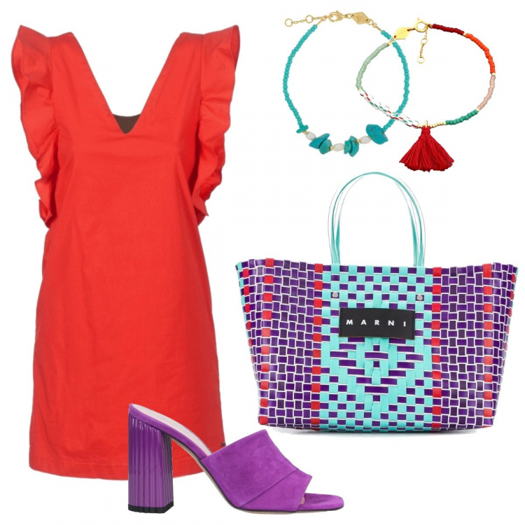 Outfit donna - Maxi bag e braccialetti. Stile Trendy per Tutti i giorni. Abbinamento con sandali col tacco, braccialetti, vestiti corti, borse tote, braccialetti.