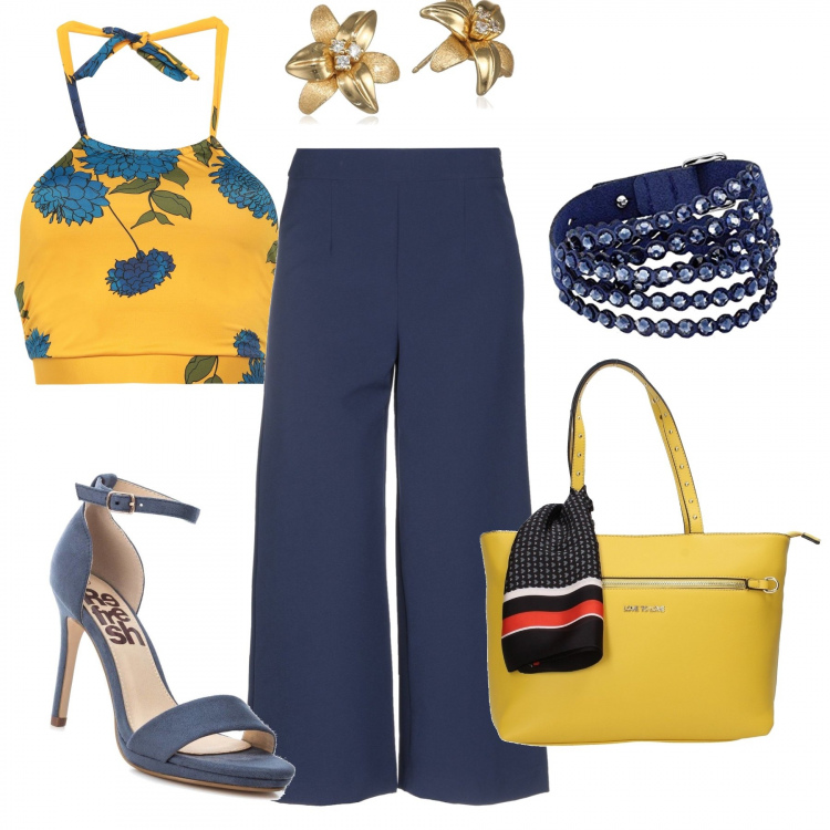 Outfit mujer - Trendy #49685. Estilo Trendy para Todos los días. Combinación con pulseras, pendientes, bolso shopper, sandalias, pantalones, top.
