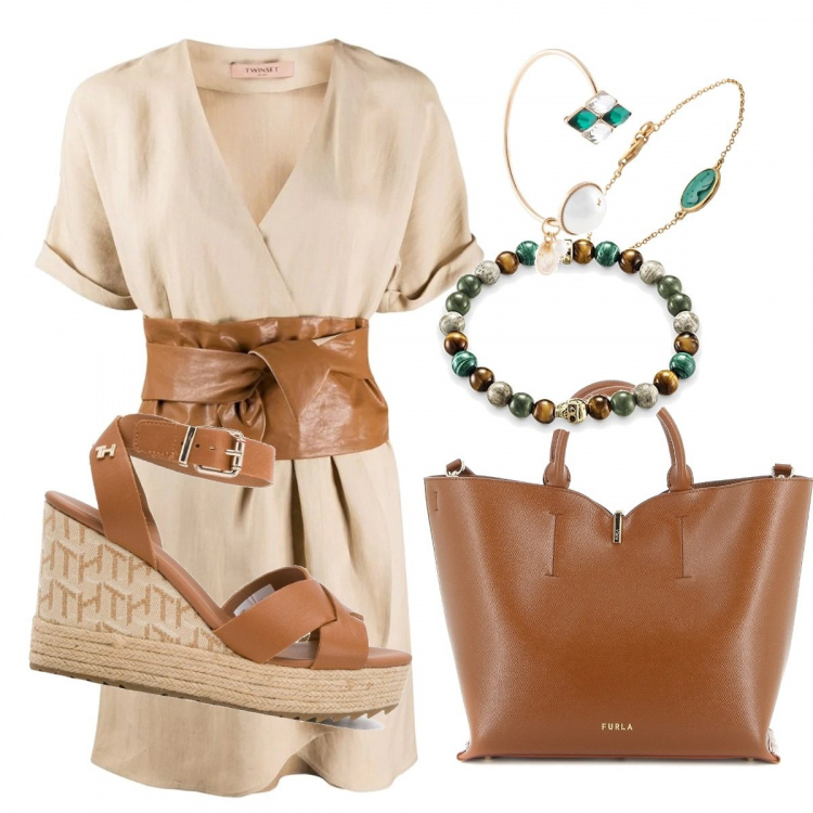 Outfit donna - Passeggiata. Stile Trendy per Tutti i giorni. Abbinamento con braccialetti, vestiti, sandali col tacco, braccialetti, borse tote, braccialetti.