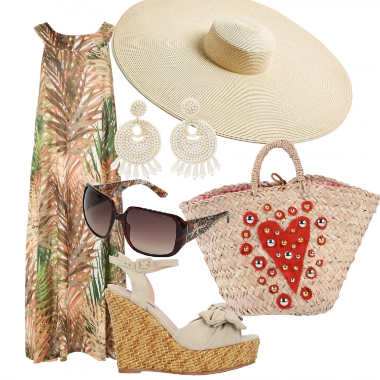 Outfit mujer - Trendy #49686. Estilo Trendy para Todos los días. Combinación con vestidos largos, sandalias romanas, bolso shopper, gafas de sol, sombreros, pendientes.
