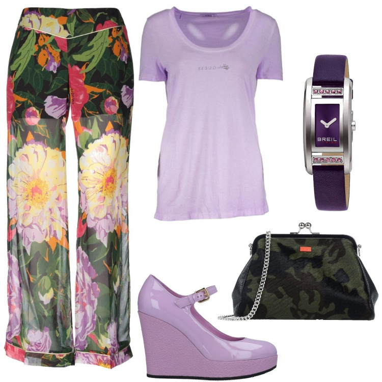 Outfit donna - Offerte di Agosto. Stile Chic per Serata fuori. Abbinamento con pantaloni, décolleté, borse a spalla, t-shirt, orologi.