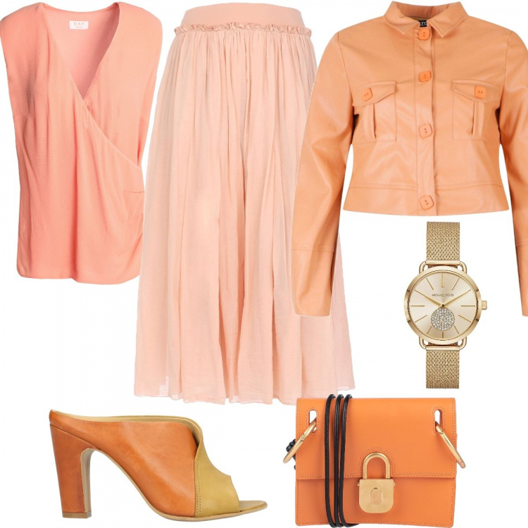Outfit donna - Offerte. Stile Chic per Tutti i giorni. Abbinamento con gonne lunghe, sandali col tacco, top, borse a mano, blazer, orologi.