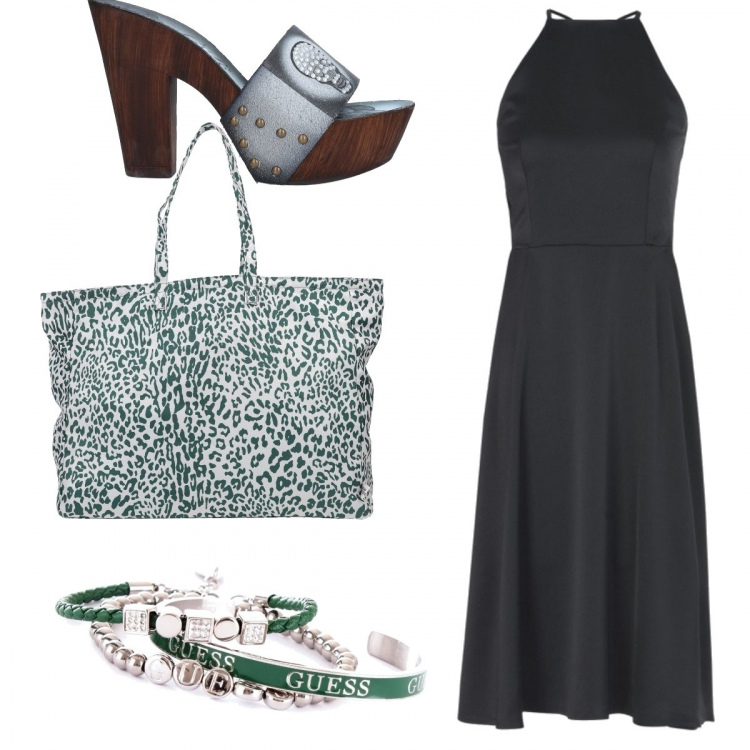 Outfit donna - Borsa grande e bracciali estivo. Stile Basic per Tutti i giorni. Abbinamento con vestiti midi/longuette, sabot, borse a mano, braccialetti.