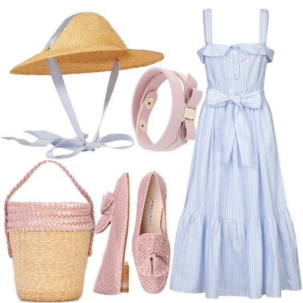 Outfit donna - Picnic. Stile Bon Ton per Tutti i giorni. Abbinamento con vestiti midi/longuette, mocassini, cappelli, braccialetti, borse a secchiello.