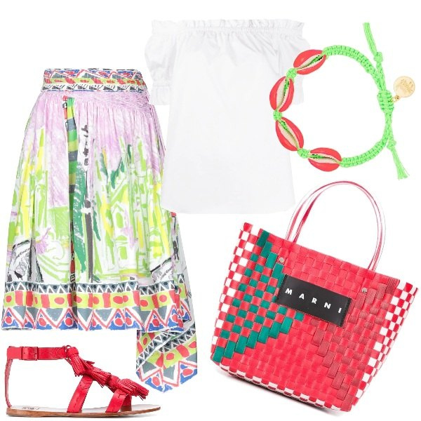 Outfit donna - Caos Ordinato. Stile Urban per Tutti i giorni. Abbinamento con gonne longuette, borse tote, braccialetti, top, sandali in pelle.