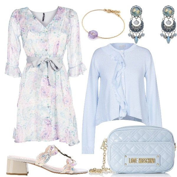 Outfit donna - La somma di tutti i colori. Stile Chic per Serata fuori. Abbinamento con sandali col tacco, cardigans, orecchini, vestiti corti, borse a tracolla, braccialetti.