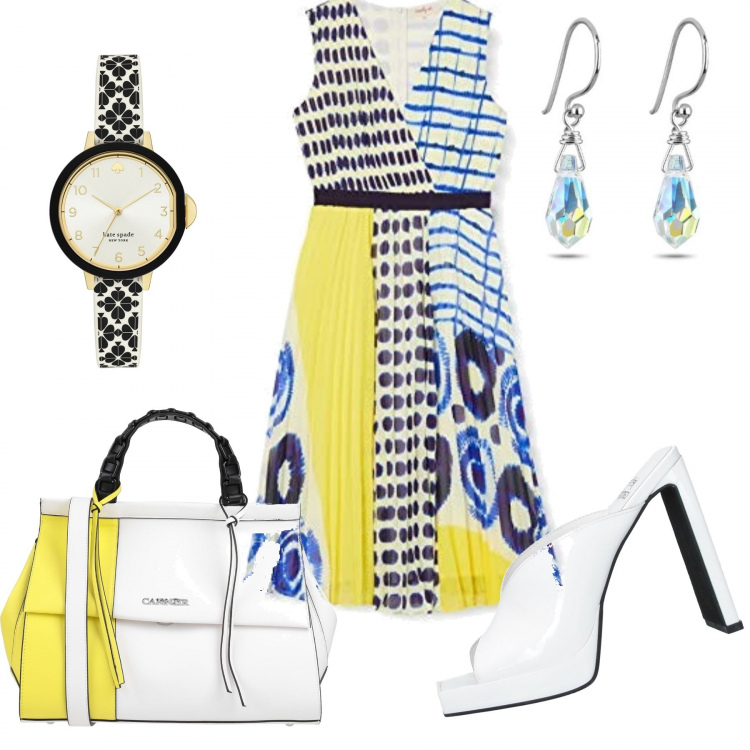 Outfit donna - Serata d\'estate. Stile Trendy per Serata fuori. Abbinamento con sandali col tacco, borse a mano, orologi, vestiti, orecchini.