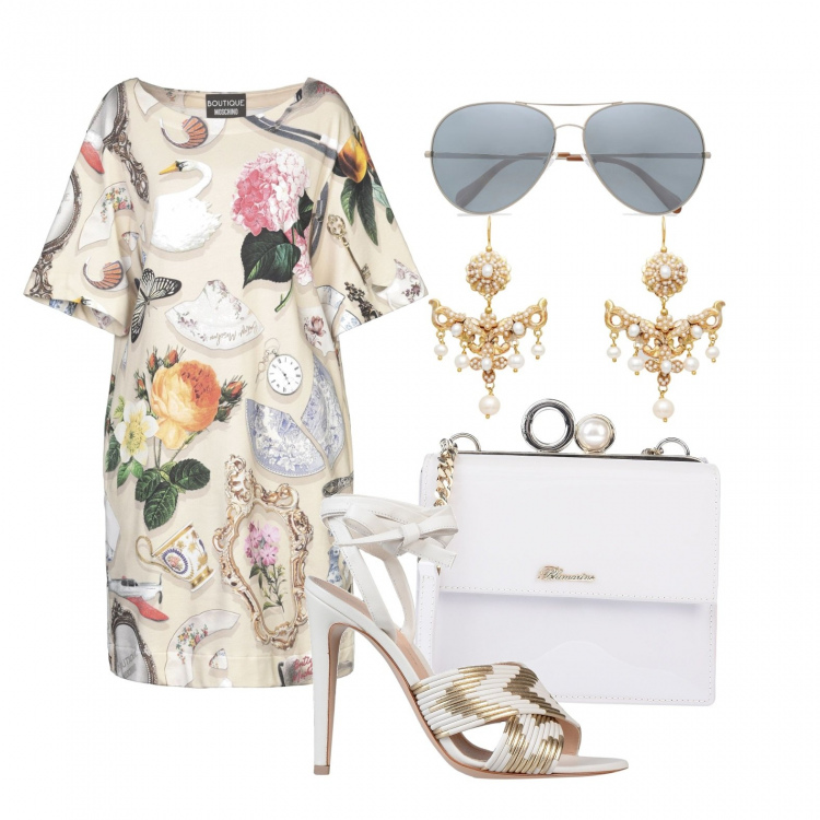 Outfit donna - Vestito chiaro e sandalo con tacco. Stile Chic per Tutti i giorni. Abbinamento con vestiti corti, sandali col tacco, borse a tracolla, orecchini, occhiali da sole.