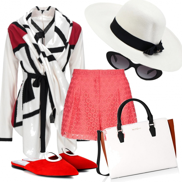 Outfit donna - Must have Panama. Stile Trendy per Tutti i giorni. Abbinamento con cardigans, shorts, cappelli, borse a mano, occhiali da sole, ciabatte.