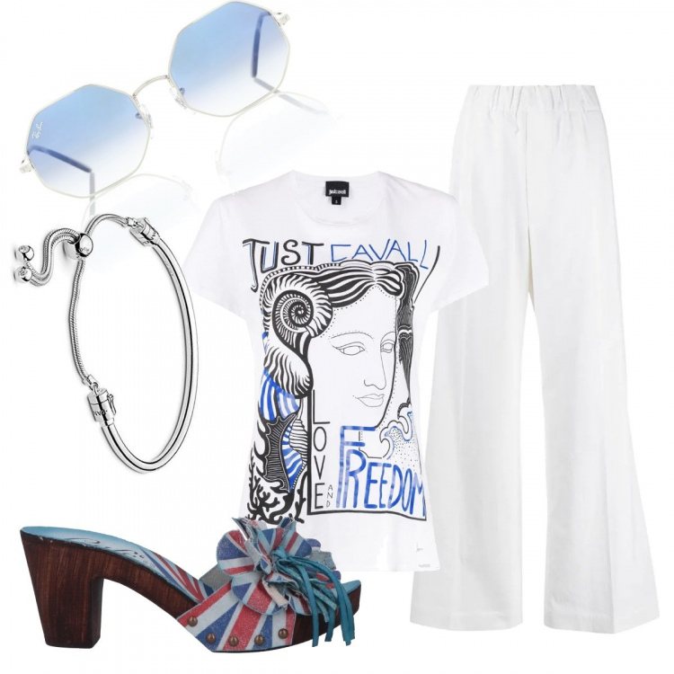 Outfit femme - Festival. Style Tendance pour Tous les jours. Assortir avec sabots, t-shirts, pantalon , lunettes de soleil, bracelets.