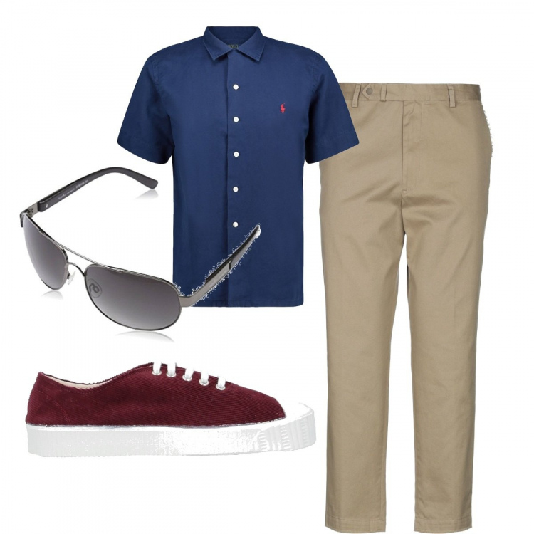Outfit homme - Juillet au bureau. Style Urban pour Tous les jours. Assortir avec chemises à manches courtes, pantalon , sneakers, lunettes de soleil.