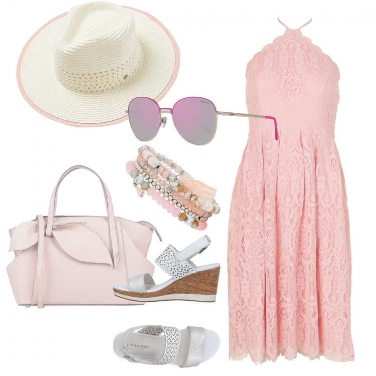 Outfit donna - Total rose romantico. Stile Chic per Tutti i giorni. Abbinamento con braccialetti, sandali col tacco, borse a mano, vestiti midi/longuette, occhiali da sole, cappelli.