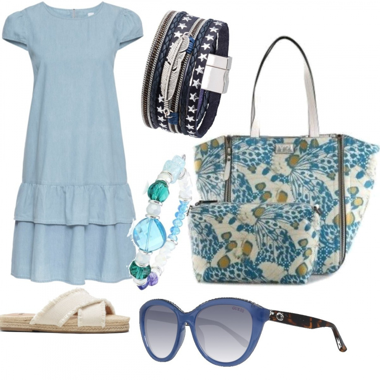 Outfit donna - Passeggiata in città. Stile Basic per Tutti i giorni. Abbinamento con ciabatte, vestiti, felpe con cappuccio, shopping bag, occhiali da sole, braccialetti.