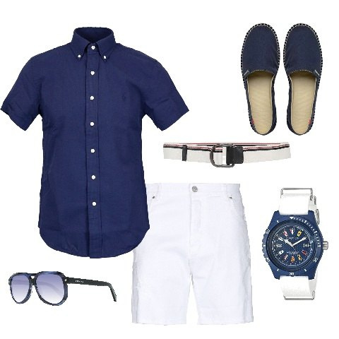 Outfit uomo - Pantaloni bianchi con espadrillas. Stile Casual per Tutti i giorni. Abbinamento con bermuda, cinture, espadrillas, occhiali da sole, camicie a manica corta, orologi analogici.