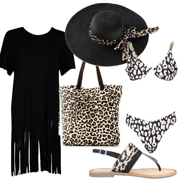 Outfit femme - Léopard des mers. Style Ethnique pour Plage. Assortir avec chapeaux, sac cabas, robes de plage, maillot de bain 2 pièces, tong.