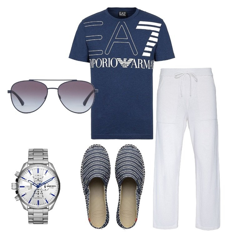 Outfit uomo - Pantalone bianco e espadrillas. Stile Casual per Tutti i giorni. Abbinamento con pantaloni, t-shirt, espadrillas, orologi, occhiali da sole.