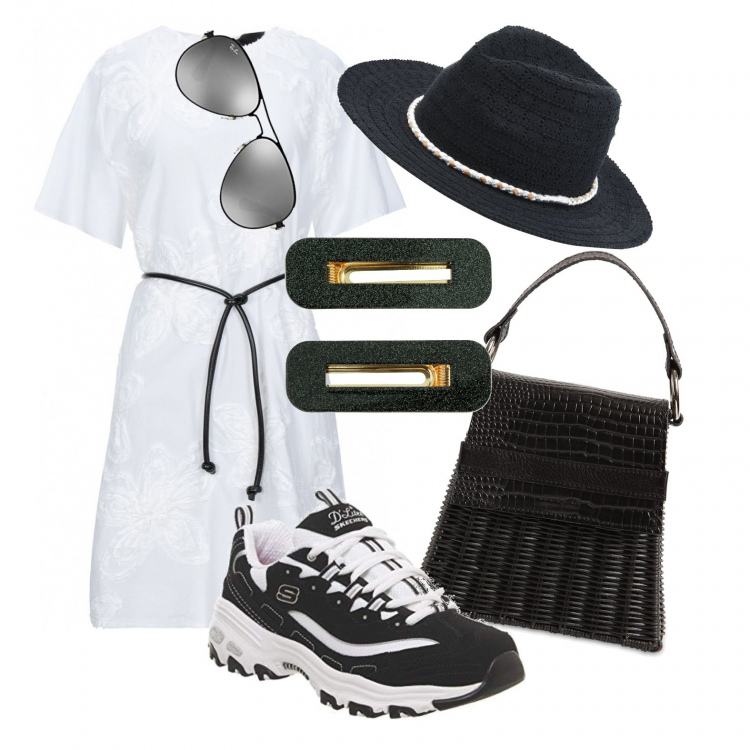 Outfit donna - Le offerte di agosto. Stile Urban per Mare. Abbinamento con vestiti corti, cappelli, borse a mano, sneakers, accessori per capelli, occhiali da sole.