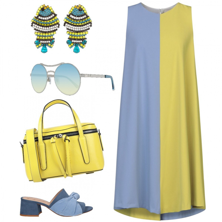 Outfit donna - Offerta in bicolor. Stile Basic per Tutti i giorni. Abbinamento con vestiti corti, orecchini, borse a mano, infradito, occhiali da sole.