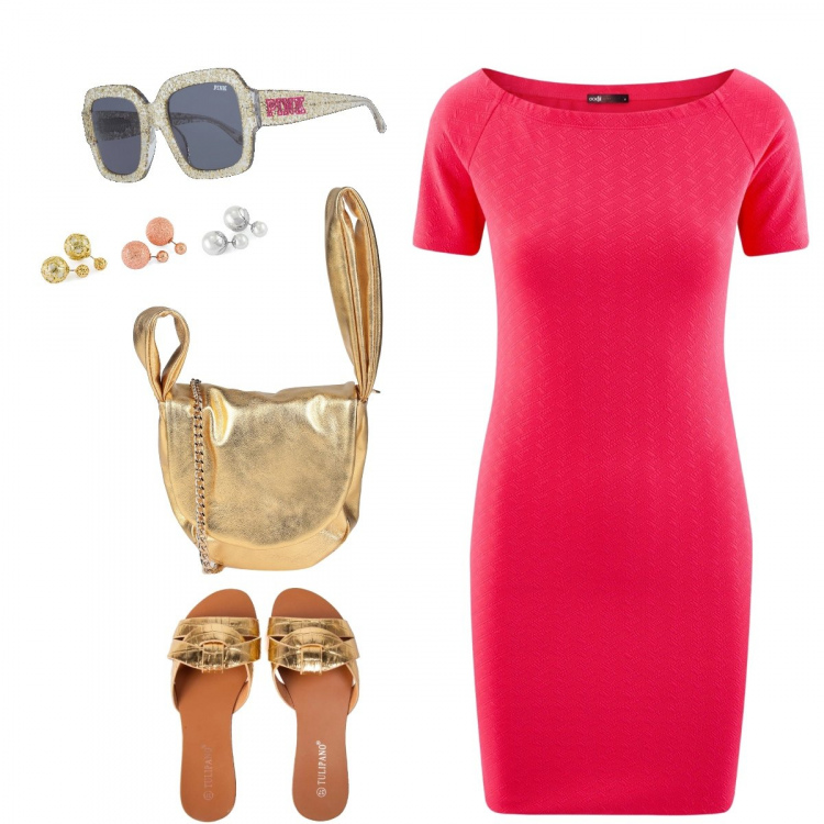 Outfit donna - Perfetta con un tubino da 5 euro. Stile Trendy per Tutti i giorni. Abbinamento con borse a tracolla, sandali in pelle, vestiti corti, occhiali da sole, orecchini.