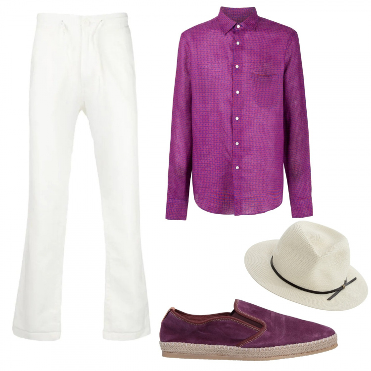 Outfit uomo - Pantaloni bianchi + espadrillas. Stile Trendy per Serata speciale. Abbinamento con espadrillas, camicie, pantaloni, cappelli.