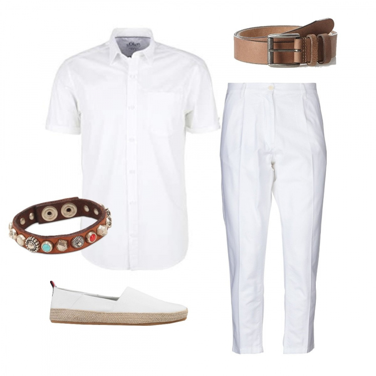 Outfit uomo - Serata total white. Stile Casual per Serata speciale. Abbinamento con pantaloni, espadrillas, camicie a manica corta, braccialetti, cinture.