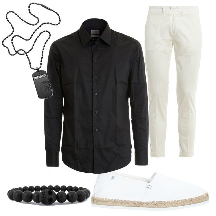 Outfit uomo - Seratona. Stile Business/Elegante per Serata speciale. Abbinamento con espadrillas, braccialetti, camicie, collane, pantaloni capri.
