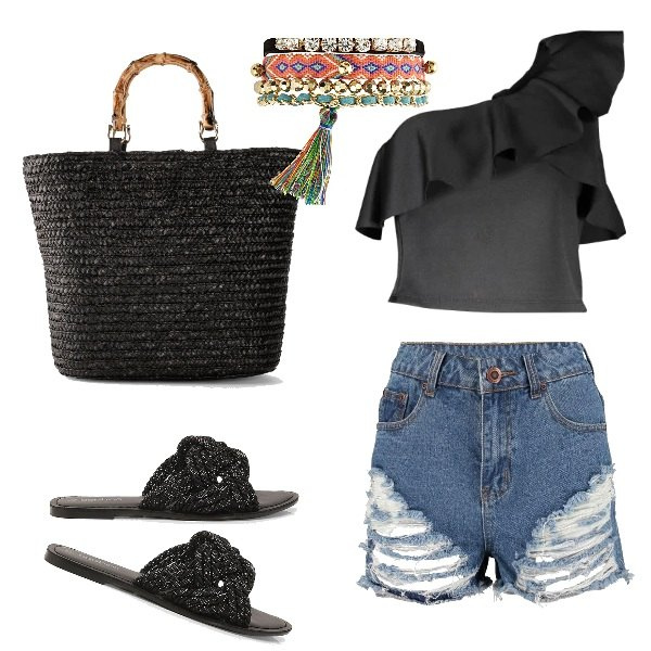 Outfit donna - Maxi borsa e bracciali estivi. Stile Trendy per Tutti i giorni. Abbinamento con maglieria, braccialetti, ciabatte, pantaloni corti, top.