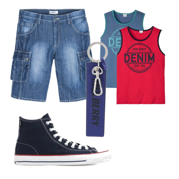 Outfit uomo - Casual #15514. Stile Casual per Tutti i giorni. Abbinamento con bermuda, canottiere, portachiavi, sneakers.