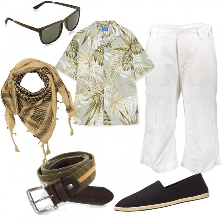 Outfit uomo - Etnico con bianco. Stile Casual per Tutti i giorni. Abbinamento con espadrillas, pantaloni, sciarpe, occhiali da sole, cinture, camicie.