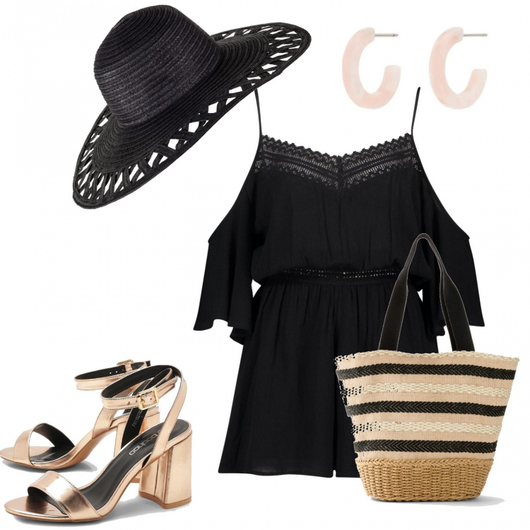 Outfit femme - Sun look. Assortir avec sac cabas, chapeaux, combishort, chaussures à talon, boucles d'oreilles.
