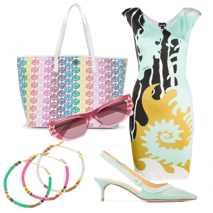 Outfit femme - Explosion de couleurs. Style Tendance pour Tous les jours. Assortir avec robes courtes, chaussures à talon, bracelets, sac cabas, lunettes de soleil.