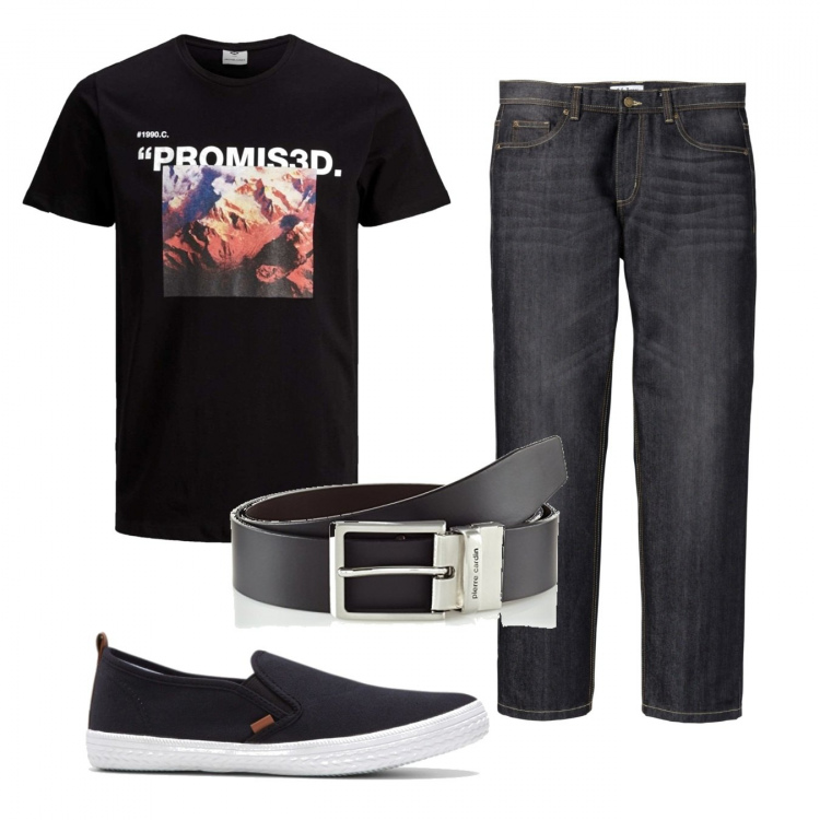 Outfit uomo - Casual #15569. Stile Casual per Tutti i giorni. Abbinamento con jeans dritti, scarpe stringate, t-shirt, cinture.