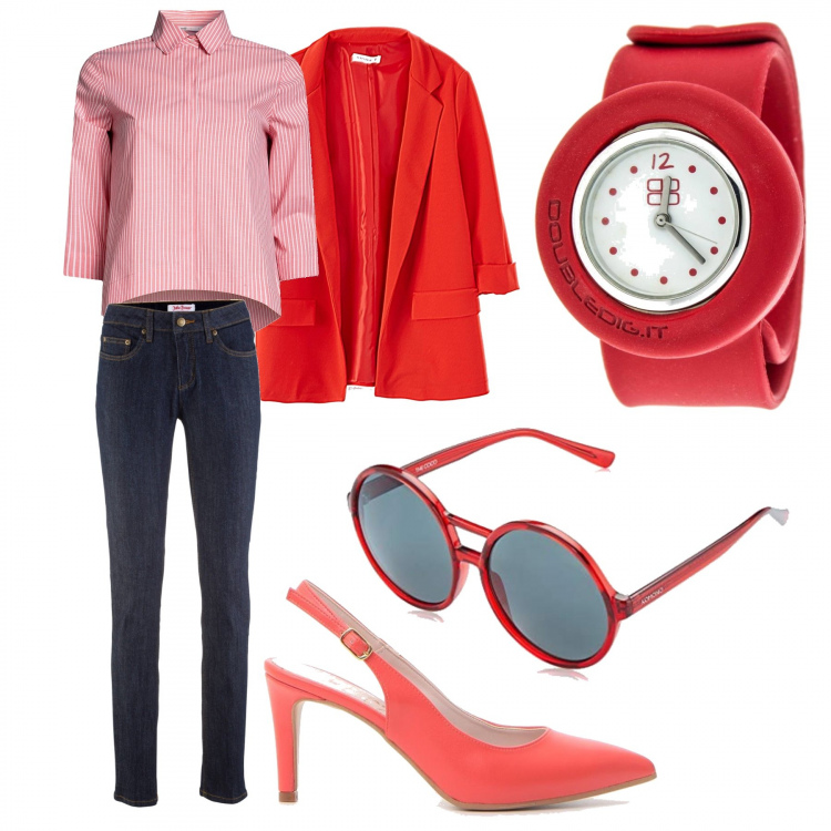 Outfit donna - Rosso. Stile Basic Abbinamento con jeans skinny, blazer, camicie, orologi, décolleté, occhiali da sole.