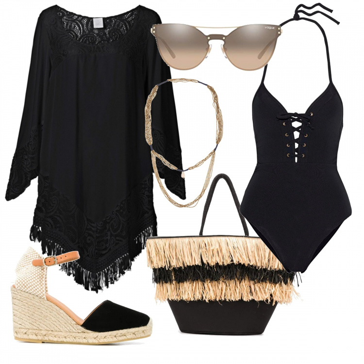 Outfit donna - Black and beige. Stile Chic per Mare. Abbinamento con vestiti da spiaggia, costumi interi, collane, borse tote, sandali, occhiali da sole.