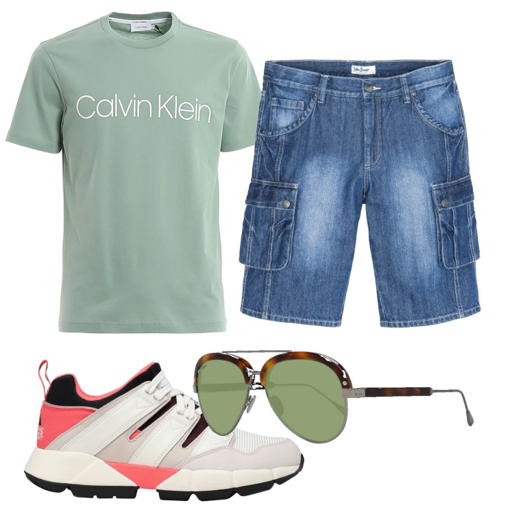 Outfit uomo - Casual #15584. Stile Casual per Tutti i giorni. Abbinamento con bermuda, sneakers, t-shirt, occhiali da sole.