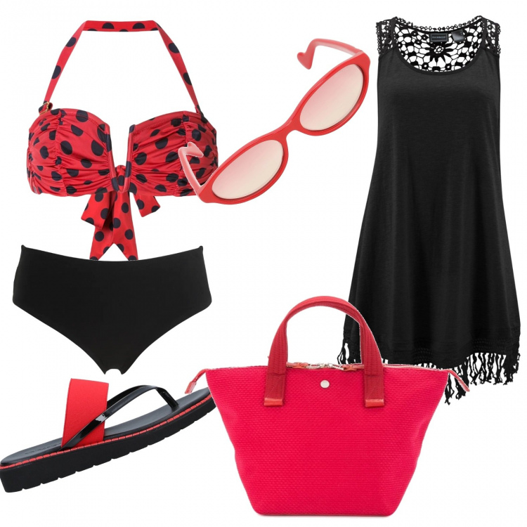 Outfit donna - Black & red. Stile Basic per Mare. Abbinamento con vestiti da spiaggia, infradito, bikini, borse a mano, shorts, occhiali da sole.