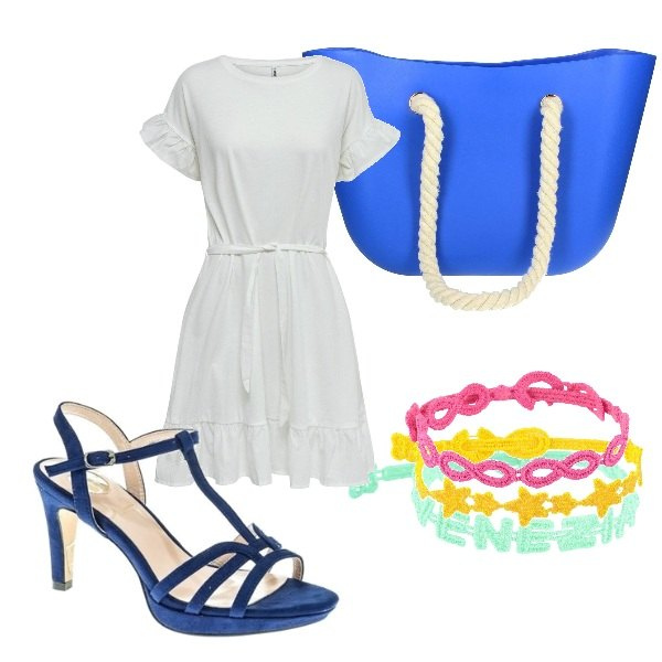 Outfit mujer - Tarde de compras. Estilo Trendy para Todos los días. Combinación con vestidos, bolso shopper, zapatos de tacón, pulseras, pulseras, pulseras.