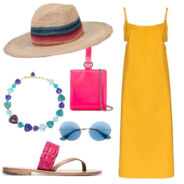 Outfit mujer - Verano multicolor. Estilo Trendy para Todos los días. Combinación con vestidos midi/longuettes, collares, sandalias, bolso shopper, gafas de sol, sombreros.