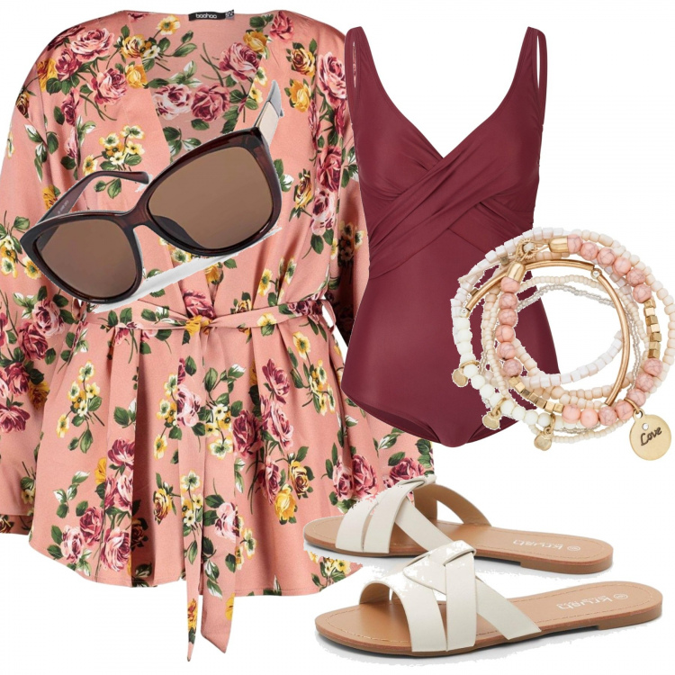 Outfit donna - VeronicaT. Stile Trendy per Mare. Abbinamento con costumi interi, braccialetti, ciabatte, top, occhiali da sole.
