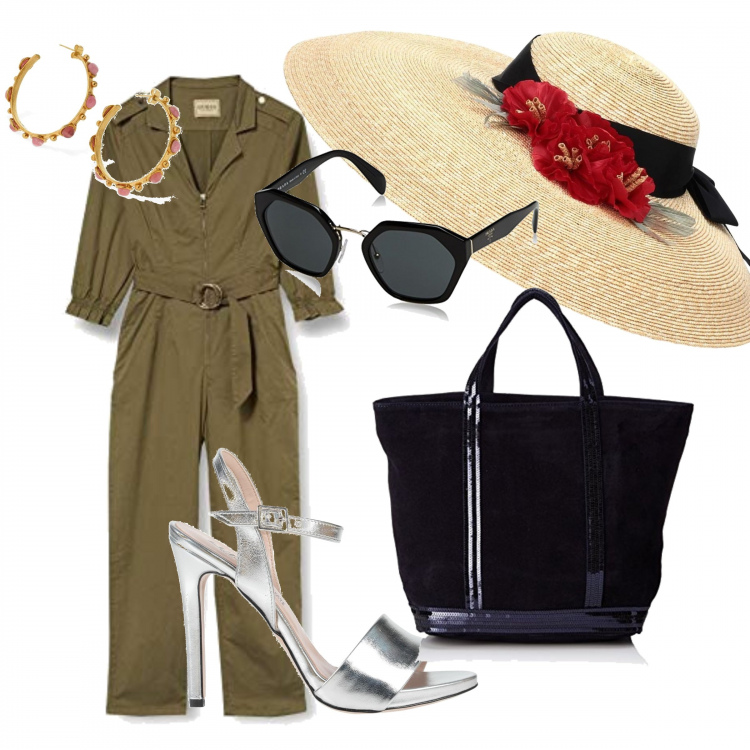 Outfit femme - On adore. Style Tendance pour Tous les jours. Assortir avec chapeaux, boucles d'oreilles, sandales à talon, sac cabas, lunettes de soleil, salopette.