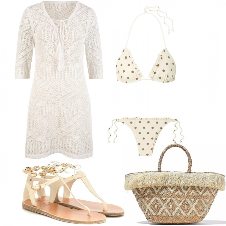 Outfit donna - Total white al mare. Stile Chic per Mare. Abbinamento con vestiti da spiaggia, bikini, borse a mano, sandali.